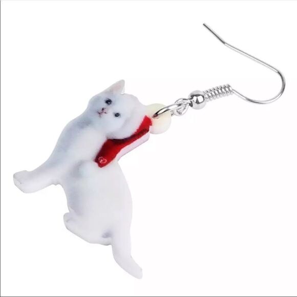 Christmas White Cat Earrings Santa Acrylic Lightweight Holiday Kitten - Picture 4 of 5